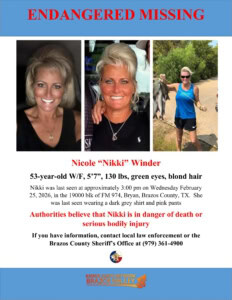 Missing person poster for Nicole 'Nikki' Winder with photos and details.