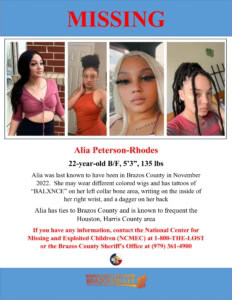 Missing person poster for Alia Peterson-Rhodes with photos and details.