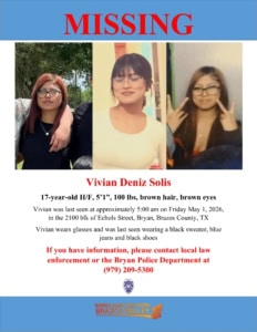 Missing person poster for Vivian Deniz Solis with photos and details.